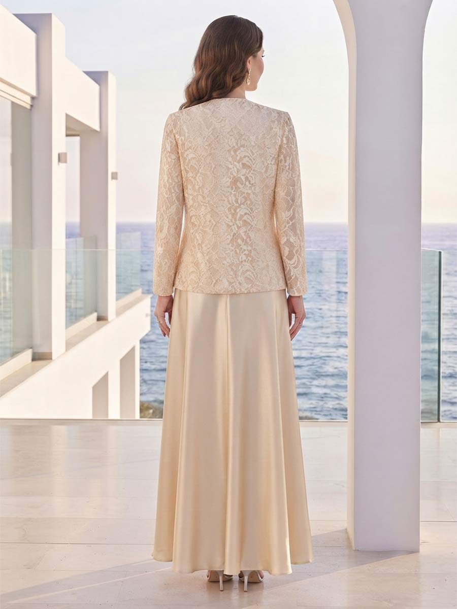 A-Line/Princess 2 Pieces Long Sleeves Scoop Floor Length Mother Of The Bride Dresses With Jacket & Appliques