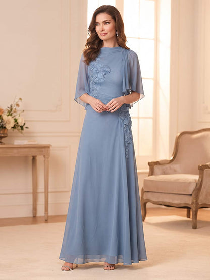 A-Line/Princess Scoop Half Sleeves Floor-Length Mother of the Bride Dresses with Cape & 3D Floral
