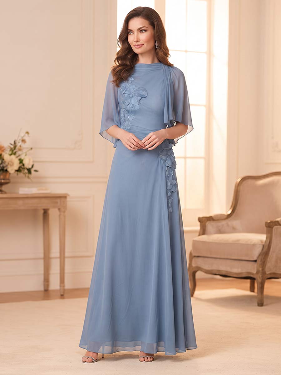 A-Line/Princess Scoop Half Sleeves Floor-Length Mother of the Bride Dresses with Cape & 3D Floral