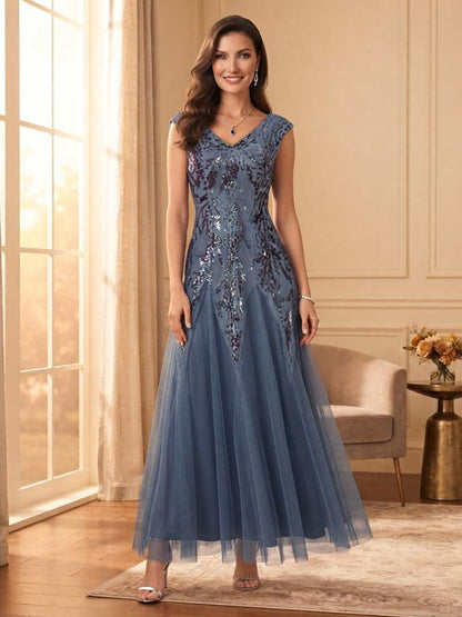 A-Line/Princess V-Neck Cap Sleeves Floor-Length Mother of the Bride Dresses with Glitter & Lace