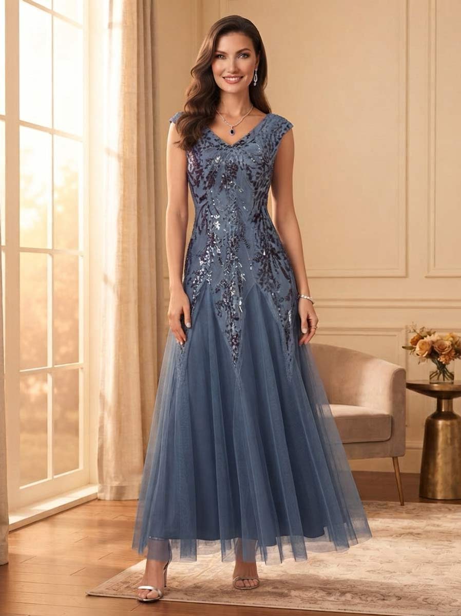 A-Line/Princess V-Neck Cap Sleeves Floor-Length Mother of the Bride Dresses with Glitter & Lace