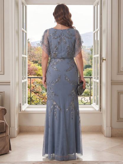Sheath/Column Scoop Short Sleeves Tulle Floor-Length Plus Size Mother of the Bride Dresses with Sequins&Appliques