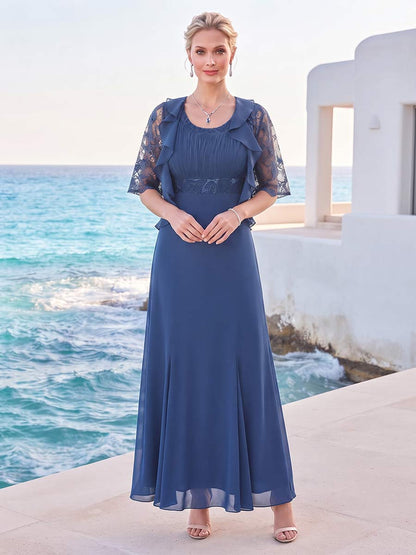 A-Line/Princess Scoop Half Sleeves Ankle-Length Mother of the Bride Dresses with Lace & Appliques