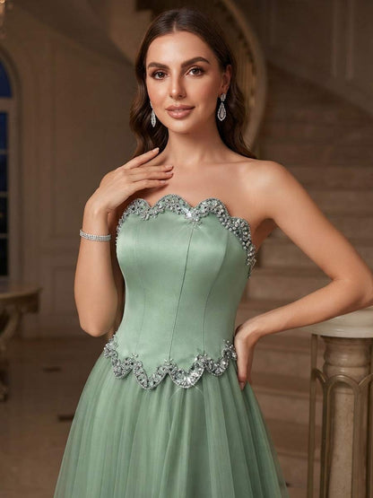 A-Line/Princess Strapless Sleeveless Floor-Length Evening Dresses with Rhinestone
