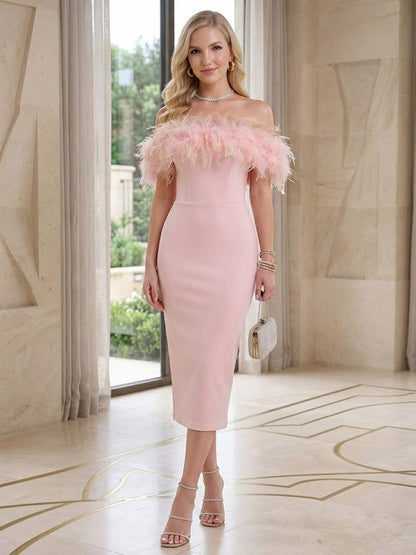 Sheath/Column Off-the-Shoulder Sleeveless Tea-Length Cocktail Dresses With Feather