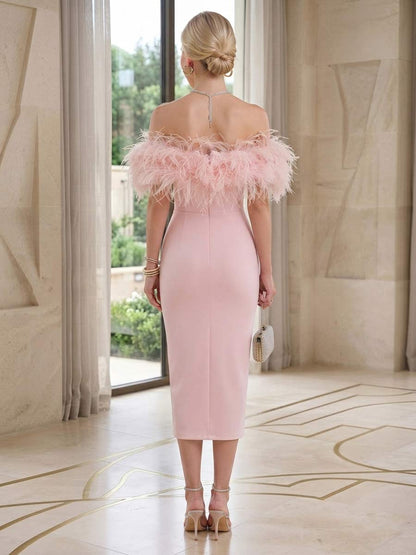 Sheath/Column Off-the-Shoulder Sleeveless Tea-Length Cocktail Dresses With Feather