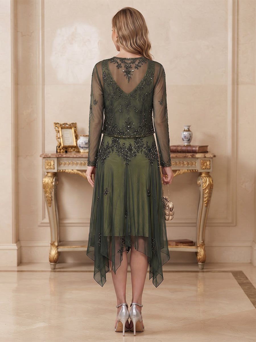 A-Line/Princess V-Neck Short Sleeves Chiffon  Tea-Length Mother of the Bride Dresses with Beading