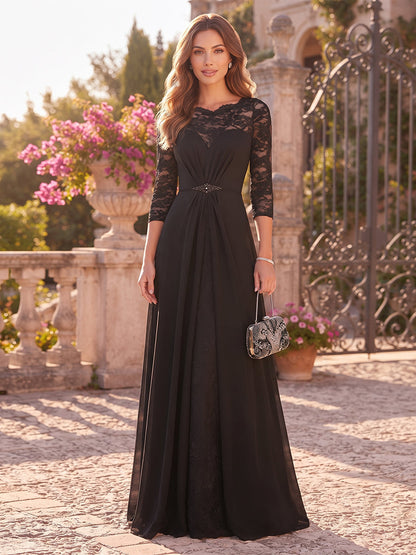 A-Line/Princess Scoop Long Sleeves Chiffon Floor-Length Mother of the Bride Dresses with Applique & Blet