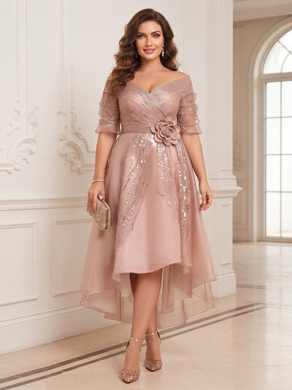 A-Line/Princess V-Neck Half Sleeves Satin Asymmetrical Plus Size Mother of the Bride Dresses with 3D Flower & Sequins