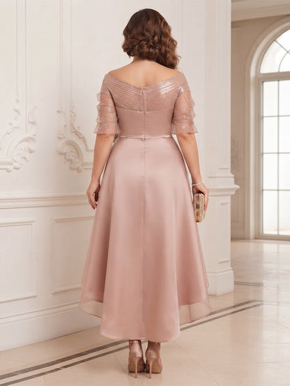 A-Line/Princess V-Neck Half Sleeves Satin Asymmetrical Plus Size Mother of the Bride Dresses with 3D Flower & Sequins