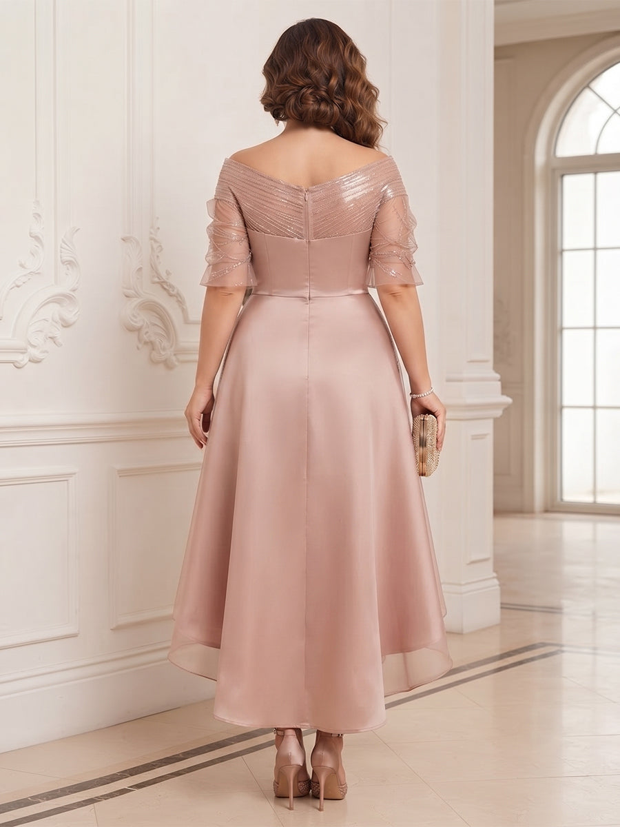 A-Line/Princess V-Neck Half Sleeves Satin Asymmetrical Plus Size Mother of the Bride Dresses with 3D Flower & Sequins