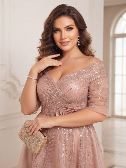 A-Line/Princess V-Neck Half Sleeves Satin Asymmetrical Plus Size Mother of the Bride Dresses with 3D Flower & Sequins