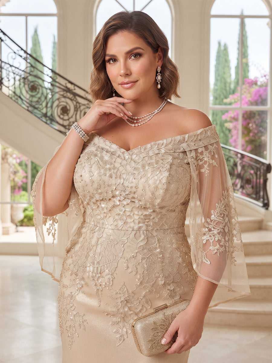Sheath/Column V-Neck 3/4 Sleeves Satin Floor-Length Plus Size Mother of the Bride Dresses with Applique