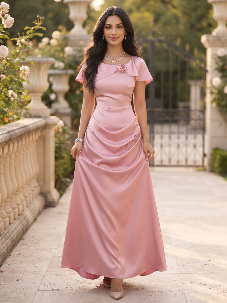 A-Line/Princess Scoop Short Sleeves Satin Floor-Length Bridesmaid Dresses with 3D Flower