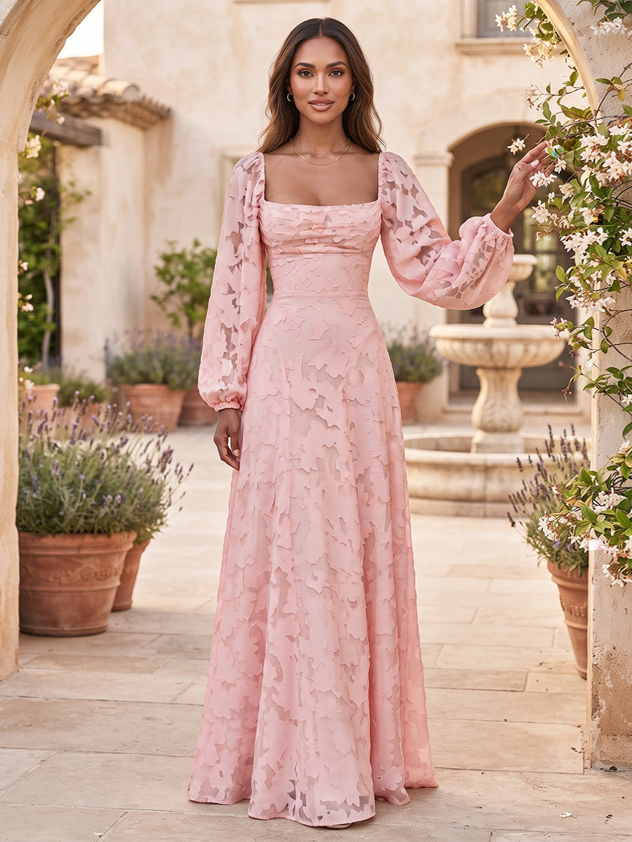 A-Line/Princess Square Neck Long Sleeves Chiffon Floor-Length Bridesmaid Dresses with Applique
