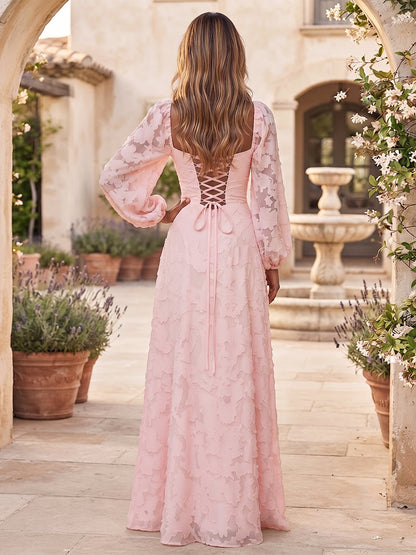 A-Line/Princess Square Neck Long Sleeves Chiffon Floor-Length Bridesmaid Dresses with Applique