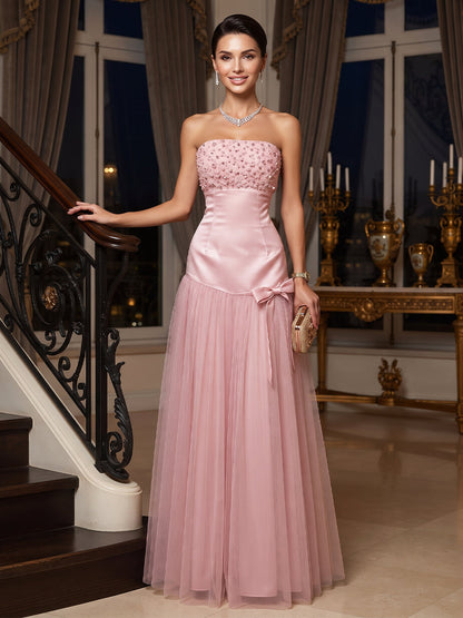 A-Line/Princess  Strapless  Sleeveless  Tulle  Floor-Length  Evening Dresses  with Beading & Bowknot