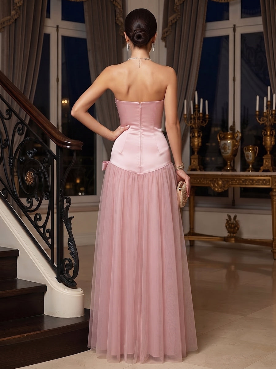 A-Line/Princess  Strapless  Sleeveless  Tulle  Floor-Length  Evening Dresses  with Beading & Bowknot
