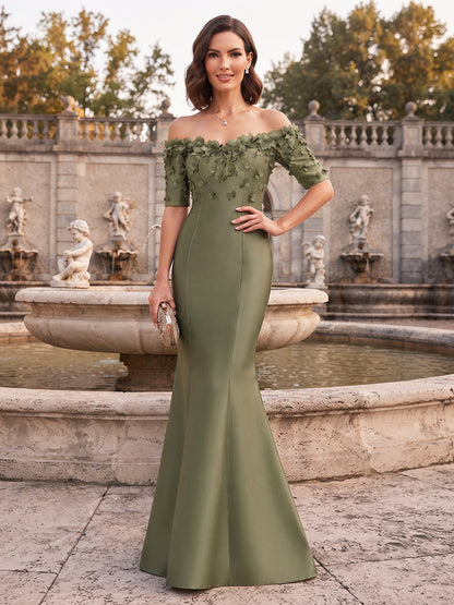 Trumpet/Mermaid  Off-the-Shoulder  Half Sleeves  Satin  Floor-Length  Mother of the Bride Dresses  with 3D Flower