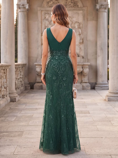 A-Line/Princess  V-Neck  Sleeveless  Tulle  Floor-Length  Mother of the Bride Dresses  with Sequins & Appliques