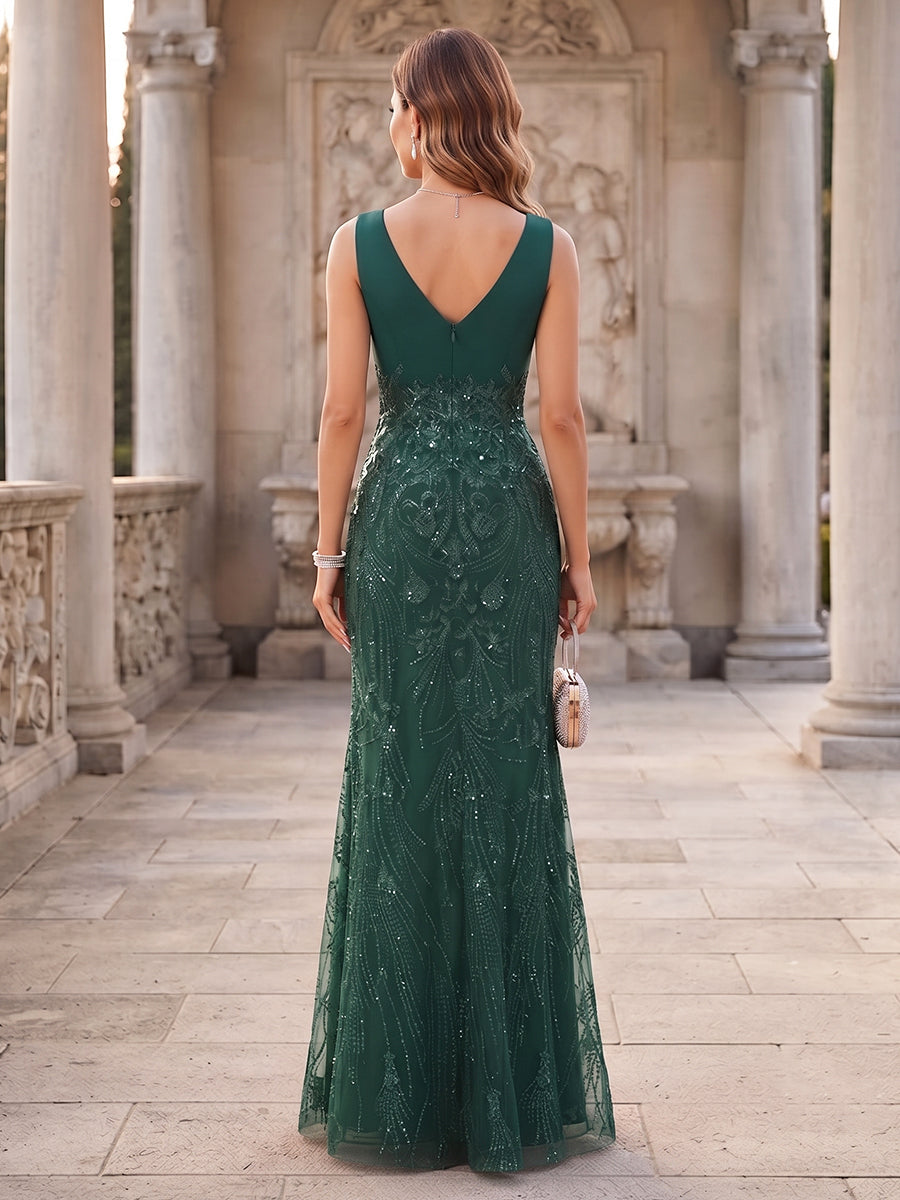 A-Line/Princess  V-Neck  Sleeveless  Tulle  Floor-Length  Mother of the Bride Dresses  with Sequins & Appliques