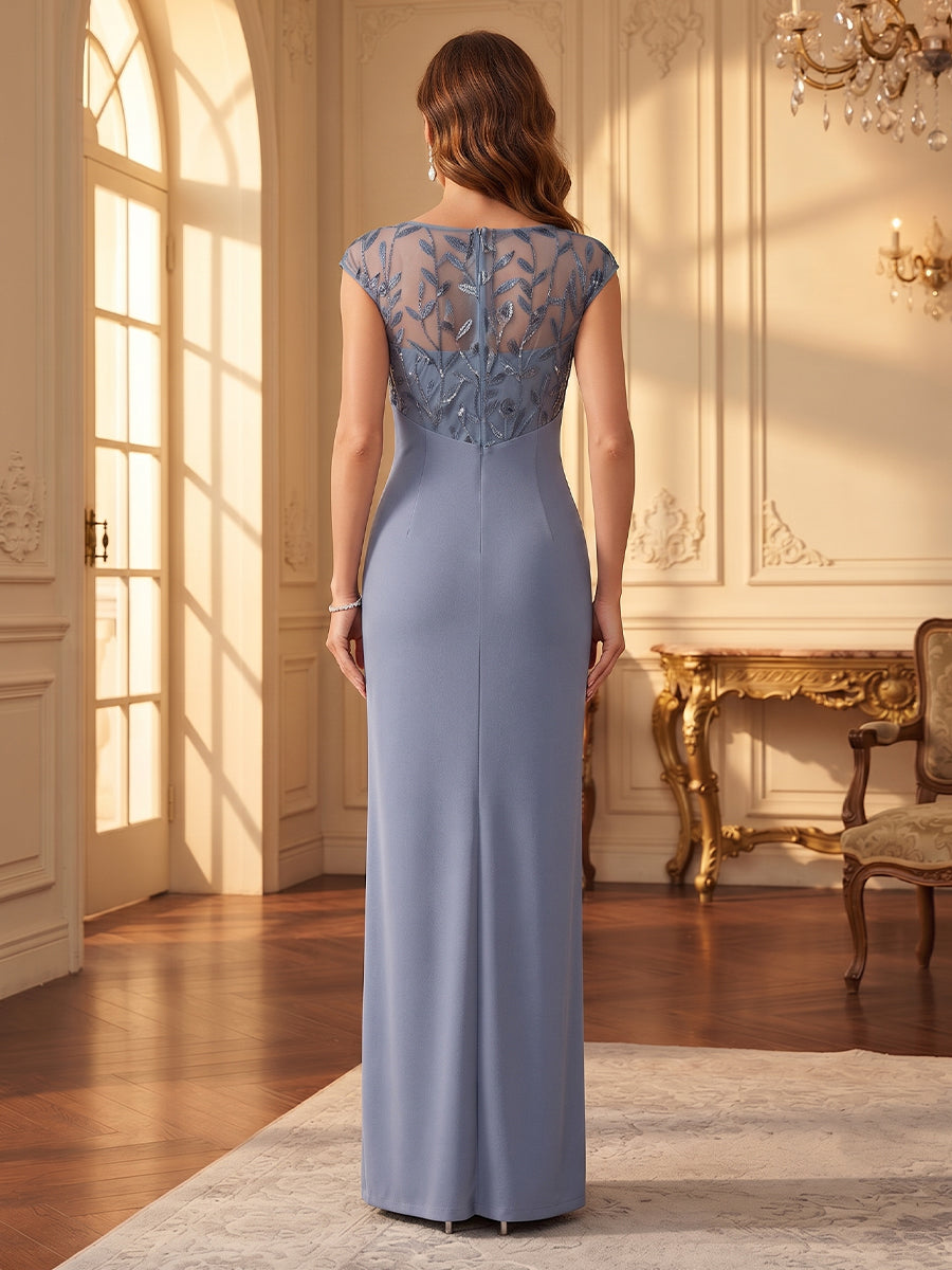 Sheath/Column V-Neck Short Sleeves Chiffon Ankle-Length Mother of the Bride Dresses with Applique & Split Side