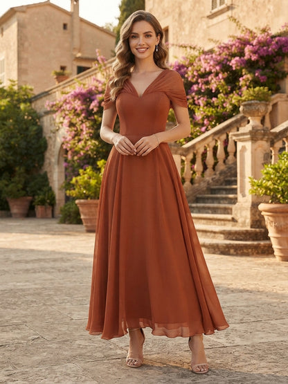 A-Line/Princess V-Neck Short Sleeves Chiffon Ankle-Length Bridesmaid Dresses with Pleats