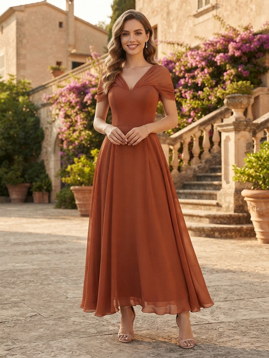 A-Line/Princess V-Neck Short Sleeves Chiffon Ankle-Length Bridesmaid Dresses with Pleats