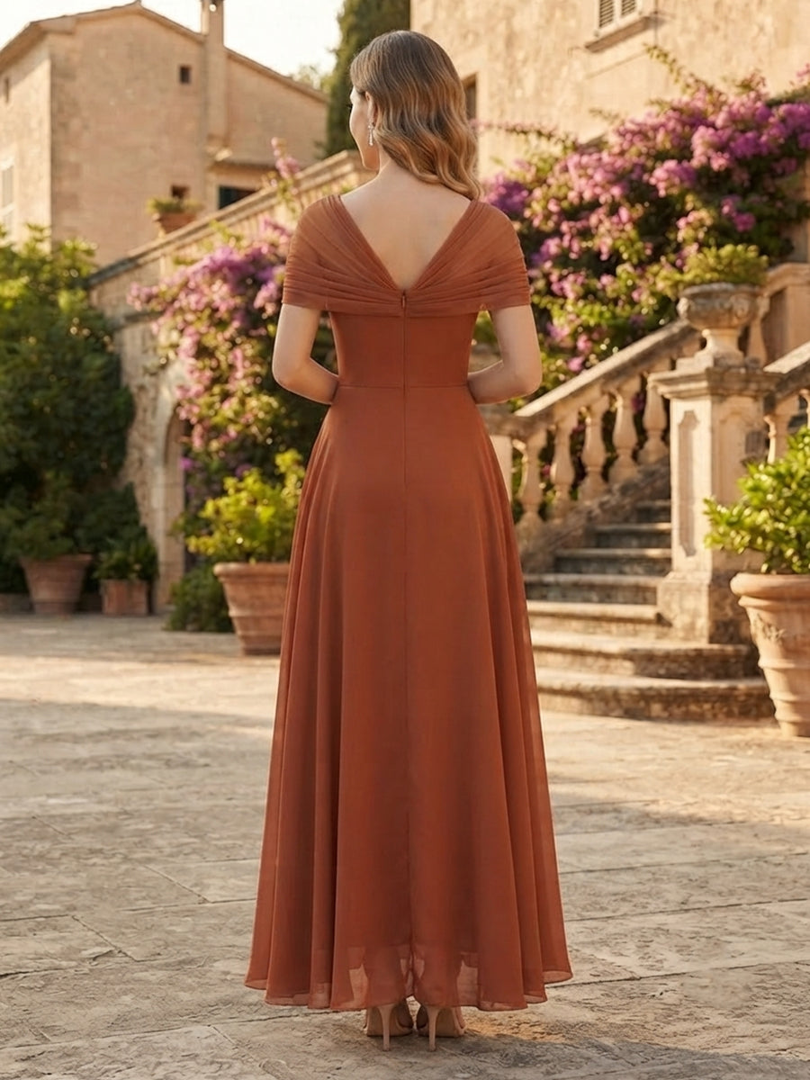 A-Line/Princess V-Neck Short Sleeves Chiffon Ankle-Length Bridesmaid Dresses with Pleats