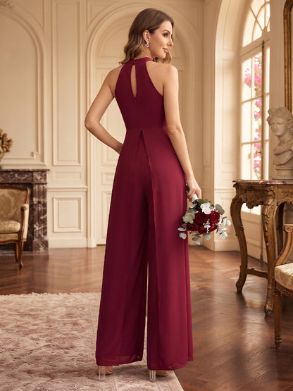 Jumpsuits Halter Sleeveless Stretch Satin Floor-Length Bridesmaid Dresses with Belt