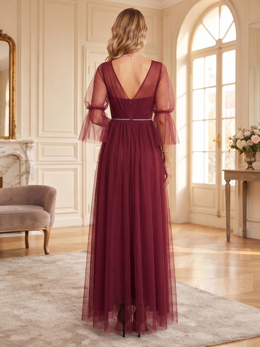 A-Line/Princess V-Neck 3/4 Sleeves Tulle Floor-Length Bridesmaid Dresses with Belt & Split Side
