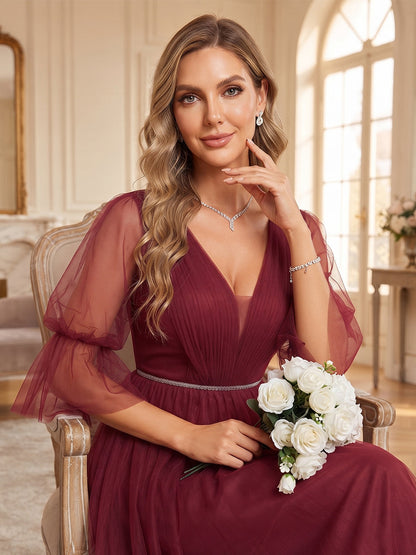 A-Line/Princess V-Neck 3/4 Sleeves Tulle Floor-Length Bridesmaid Dresses with Belt & Split Side