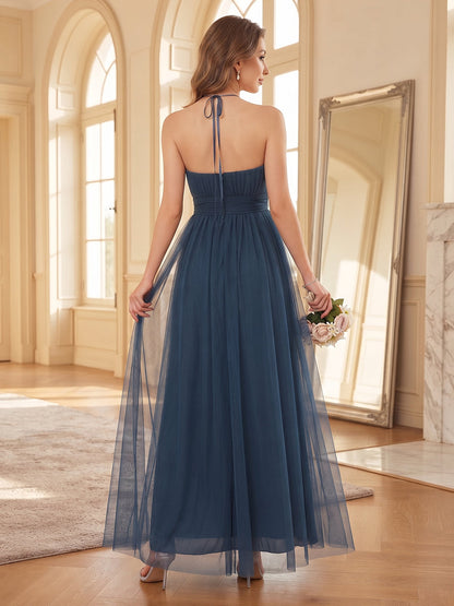 A-Line/Princess Halter Sleeveless Tulle Ankle-Length Bridesmaid Dresses with Pleats