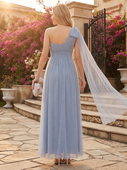 A-Line/Princess One-Shoulder Sleeveless Tulle Ankle-Length Bridesmaid Dresses with Bowknot&Ruffles