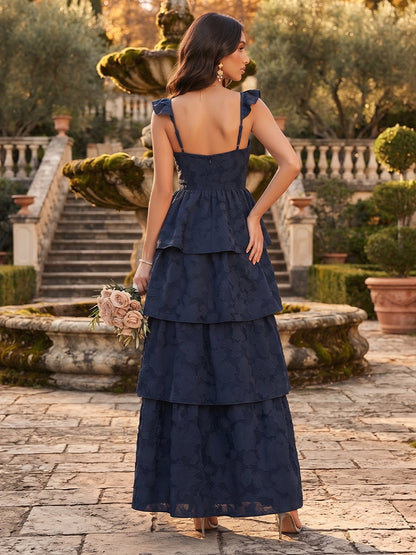A-Line/Princess Sweetheart Flying Sleeves Floral Burnout Ankle-Length Bridesmaid Dresses with Ruffles&Tiered