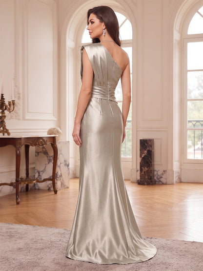Trumpet/Mermaid One-Shoulder Sleeveless Satin Floor-Length Mother of the Bride Dresses with Applique&Ruched