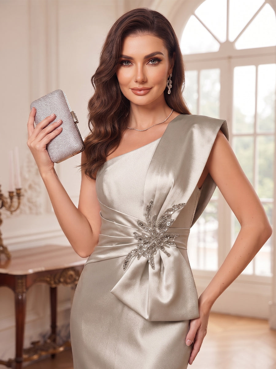 Trumpet/Mermaid One-Shoulder Sleeveless Satin Floor-Length Mother of the Bride Dresses with Applique&Ruched