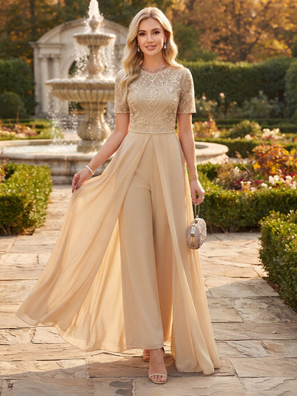 Jumpsuits Scoop Short Sleeves Chiffon Ankle-Length Mother of the Bride Dresses with Overskirt & Appliques