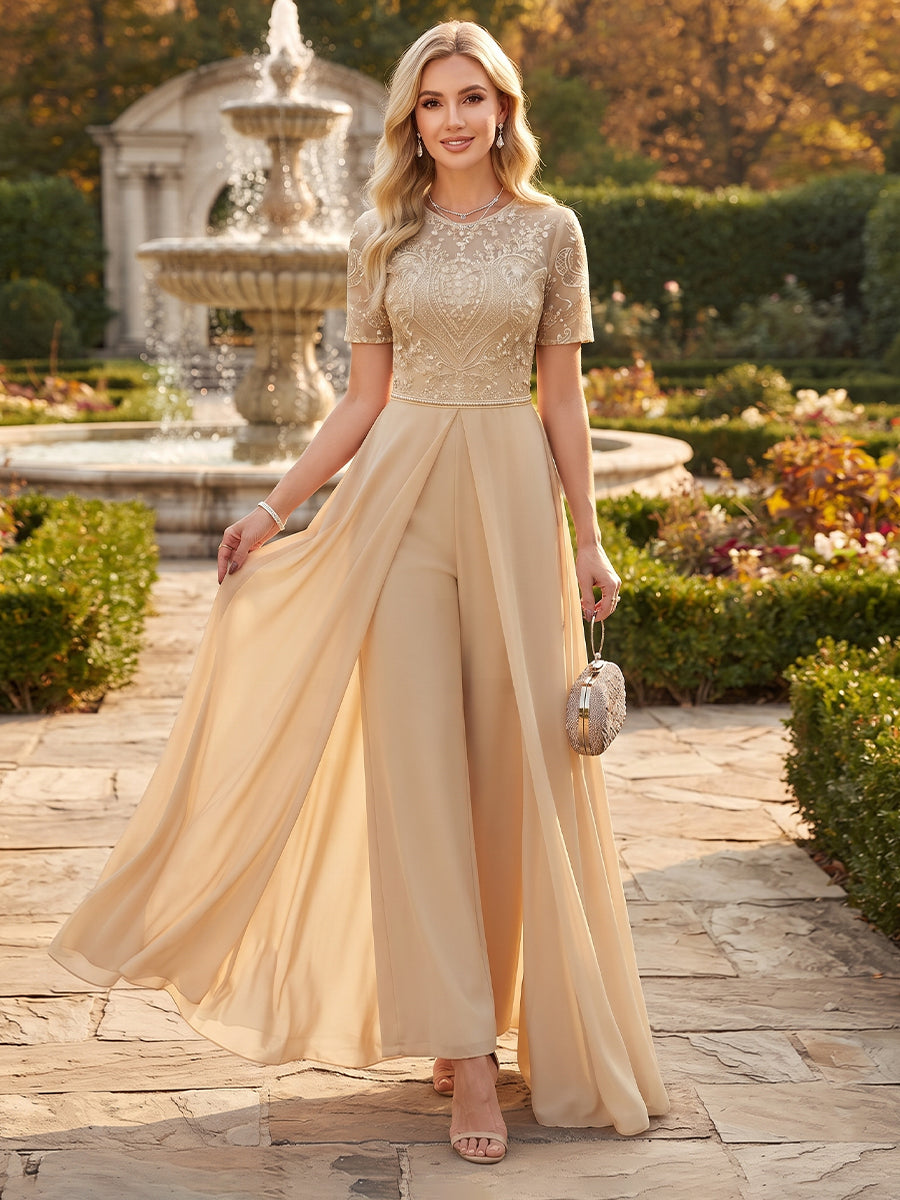 Jumpsuits Scoop Short Sleeves Chiffon Ankle-Length Mother of the Bride Dresses with Overskirt & Appliques
