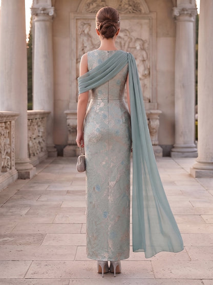 Sheath/Column Scoop Sleeveless Jacquard Ankle-Length Mother of the Bride Dresses with Floral Printed & Scarf