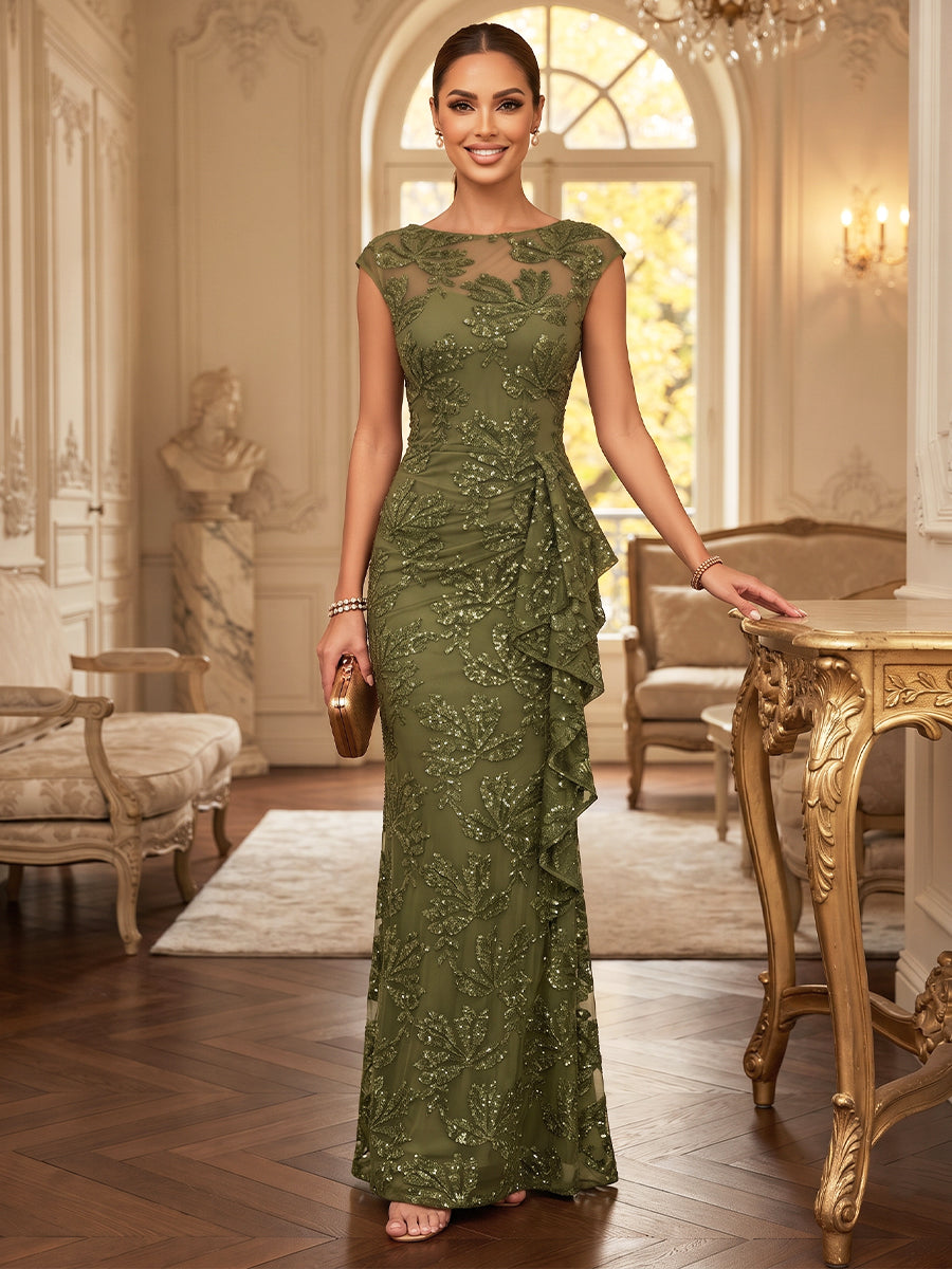 Sheath/Column Scoop Sleeveless Lace Floor-Length Mother of the Bride Dresses with Sequins & Ruffles