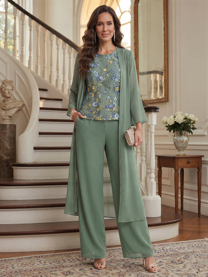 Pantsuit 3 Piece Scoop Long Sleeves Chiffon Ankle-Length Mother of the Bride Dresses with Embroidery