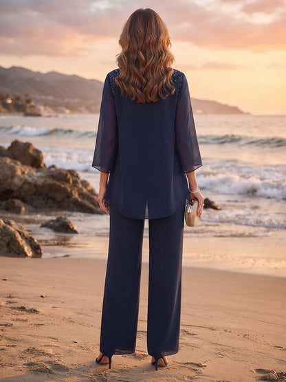 Pantsuit 3 Piece Scoop 3/4 Sleeves Chiffon Ankle-Length Mother of the Bride Dresses with Beading