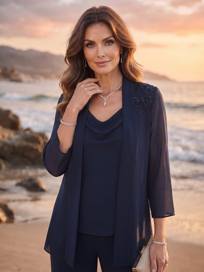 Pantsuit 3 Piece Scoop 3/4 Sleeves Chiffon Ankle-Length Mother of the Bride Dresses with Beading