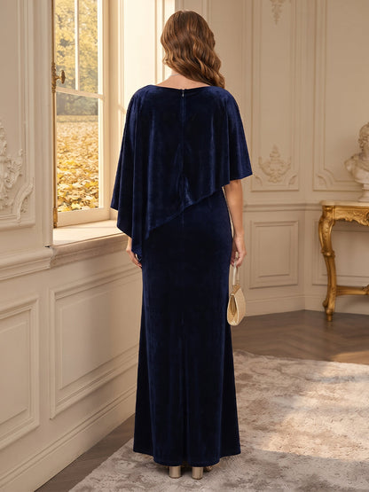 Sheath/Column Scoop Half Sleeves Velvet Floor-Length Mother of the Bride Dresses with Sequins & Appliques