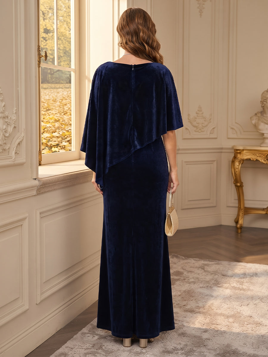 Sheath/Column Scoop Half Sleeves Velvet Floor-Length Mother of the Bride Dresses with Sequins & Appliques