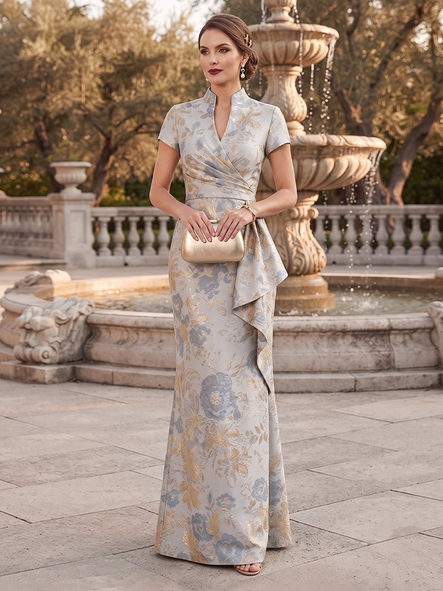 A-Line/Princess V-Neck Short Sleeves Jacquard Floor-Length Mother of the Bride Dresses with Ruffles