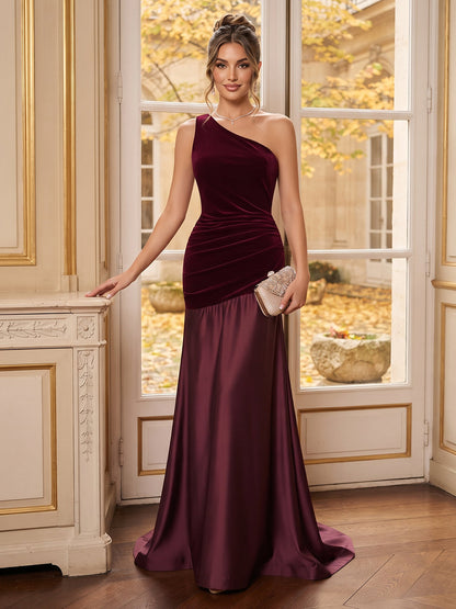 A-Line/Princess One-Shoulder Sleeveless Velvet,Satin Floor-Length Formal Dresses with Ruffles