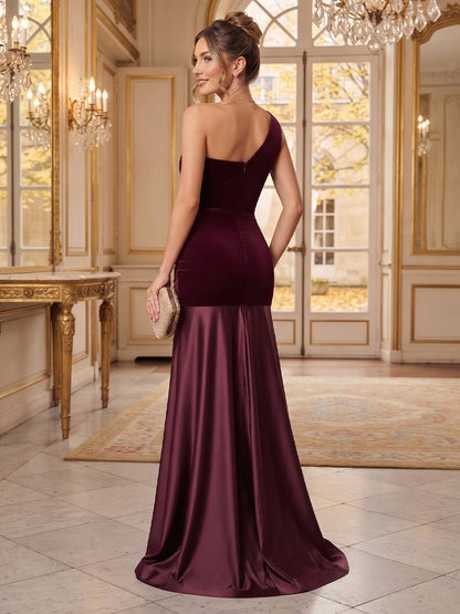 A-Line/Princess One-Shoulder Sleeveless Velvet,Satin Floor-Length Formal Dresses with Ruffles