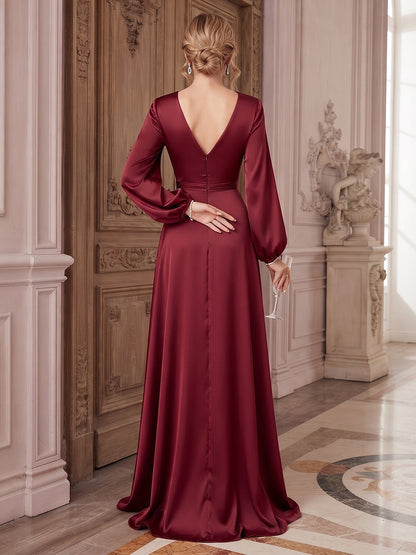 A-Line/Princess V-Neck Long Sleeves Satin Sweep Train/Brush Train Formal Dresses with Split Side
